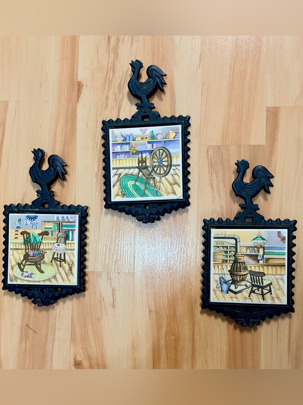 Vintage Made in Japan Cast Iron Trivets Set of 3 | Rooster Farmhouse Decor